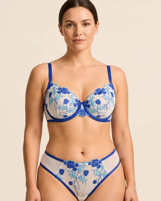 Blue Floral Embroidered Bra Set